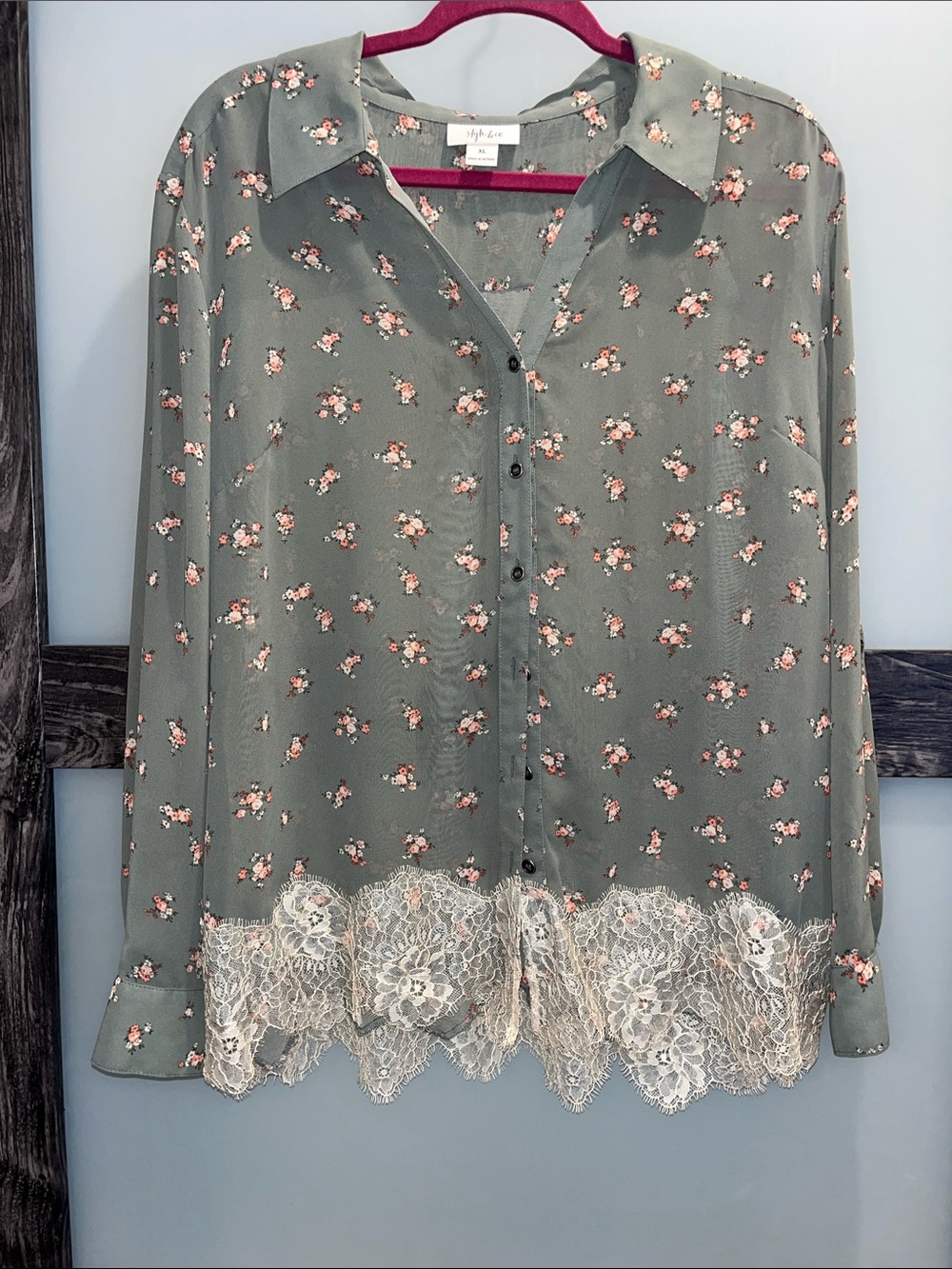 Style & Co. Olive Green Floral Button-Down with Cream Lace Hem